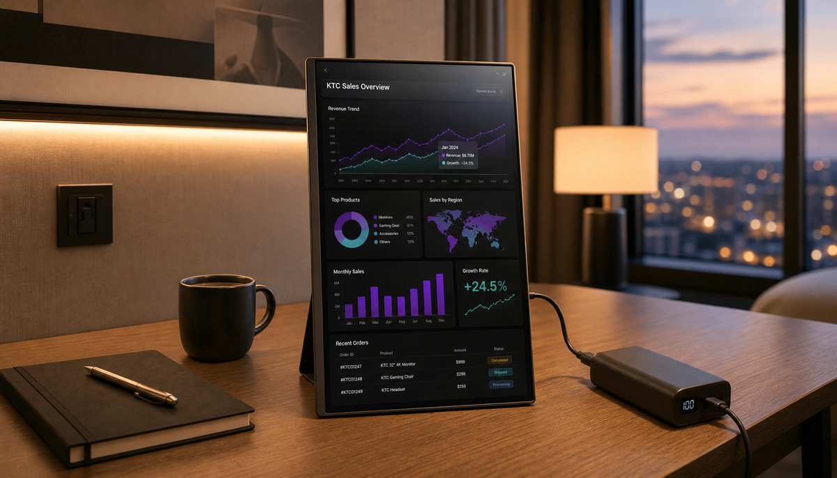 15.6-inch portable monitor connected to a USB-C power bank on a hotel desk, ready for mobile productivity