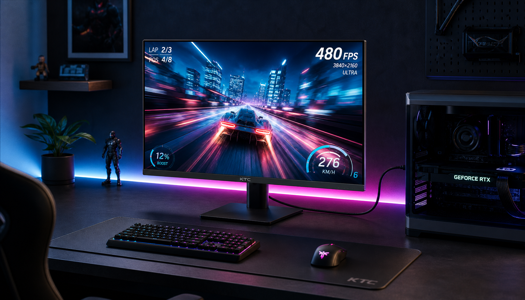 4K gaming monitor connected via DisplayPort 2.0 cable showing high-refresh gameplay, representing the bandwidth requirements for 4K 480Hz and 8K 120Hz