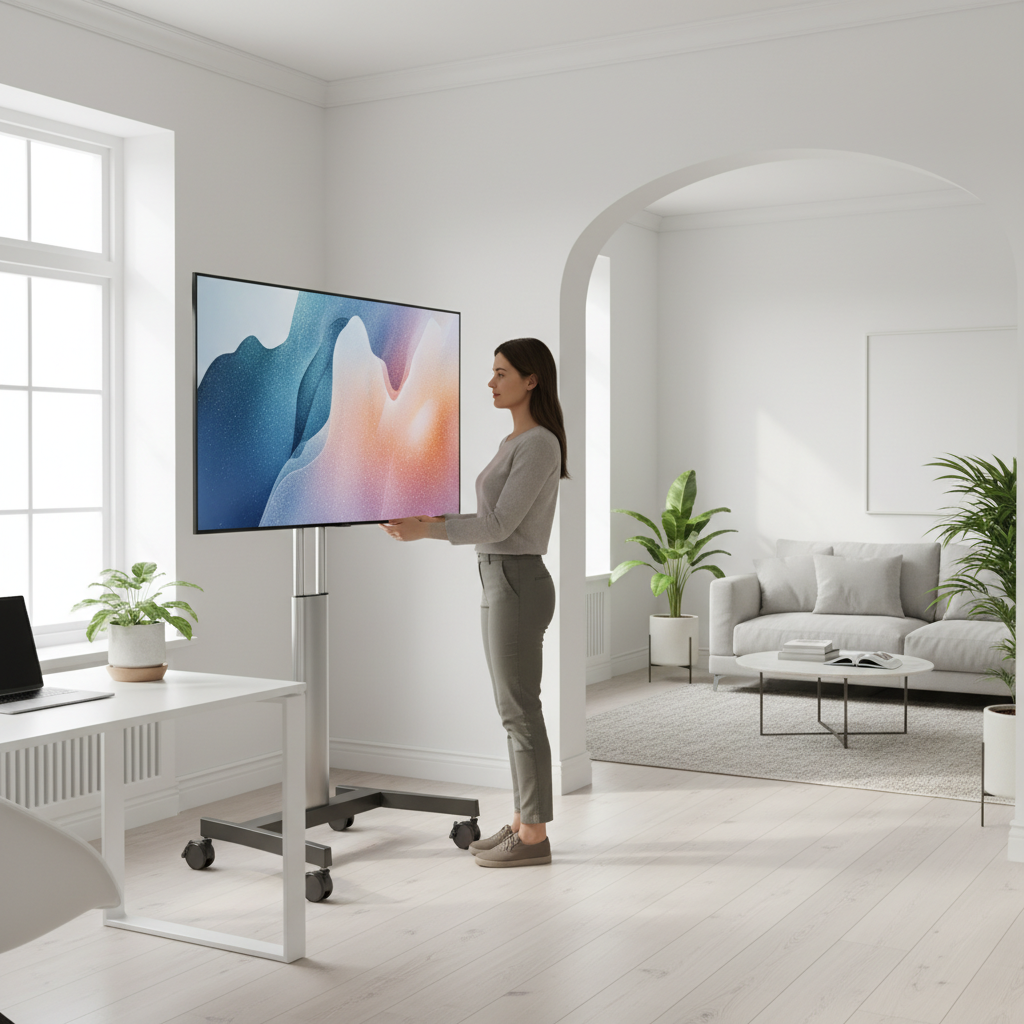 A person adjusting the height of a large portable monitor on a rolling stand in a modern home office environment.