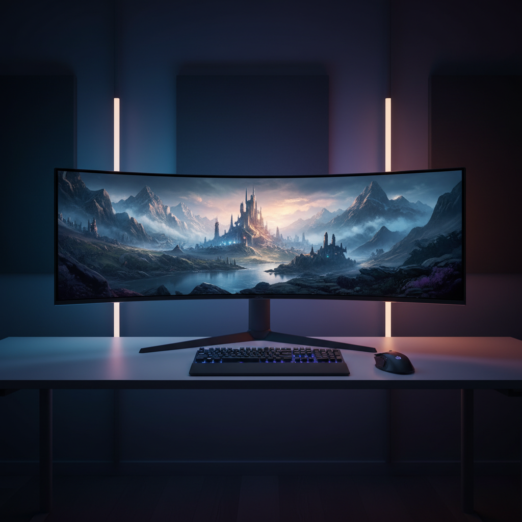 A high-tech gaming desk setup featuring a large 1500R curved ultrawide monitor showing an immersive game environment with realistic lighting.