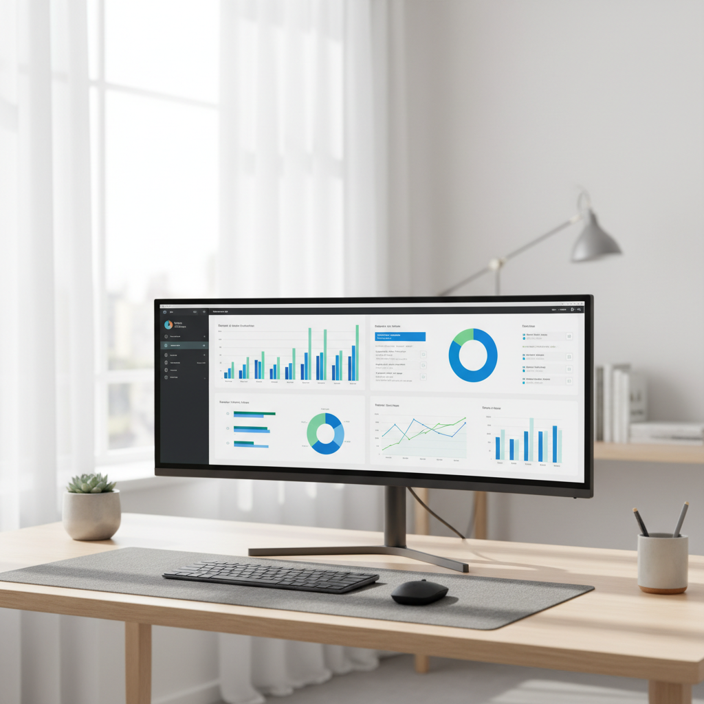 A modern high-resolution monitor on a clean office desk in a bright home office, displaying productivity tools.