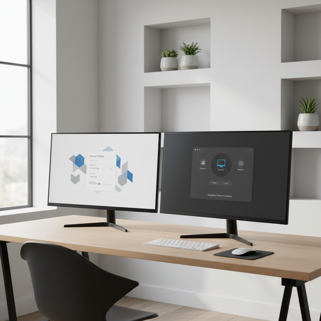 A professional dual-monitor workstation setup with screens displaying the display configuration menus from Windows and macOS, showing resolution and refresh rate settings side-by-side.