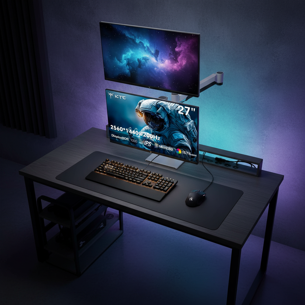 A vertical stacked dual monitor setup on a modern gaming desk with a professional monitor arm, featuring vibrant RGB lighting and a clean cable management system.
