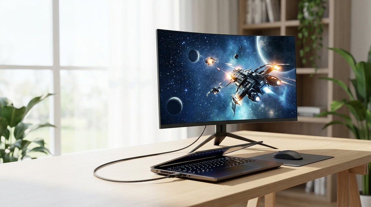 Gaming laptop connected to a 27-inch 1440p curved gaming monitor on a clean desk setup