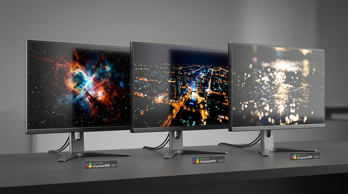 Comparison of DisplayHDR 400, 1000, and 1400 monitor performance in brightness, contrast, and local dimming
