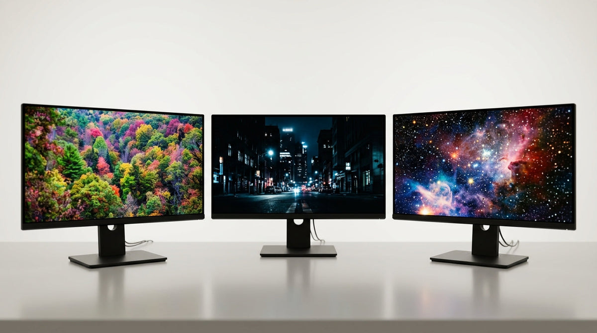 IPS vs VA vs OLED panel technologies shown side-by-side with motion blur, contrast, and color differences