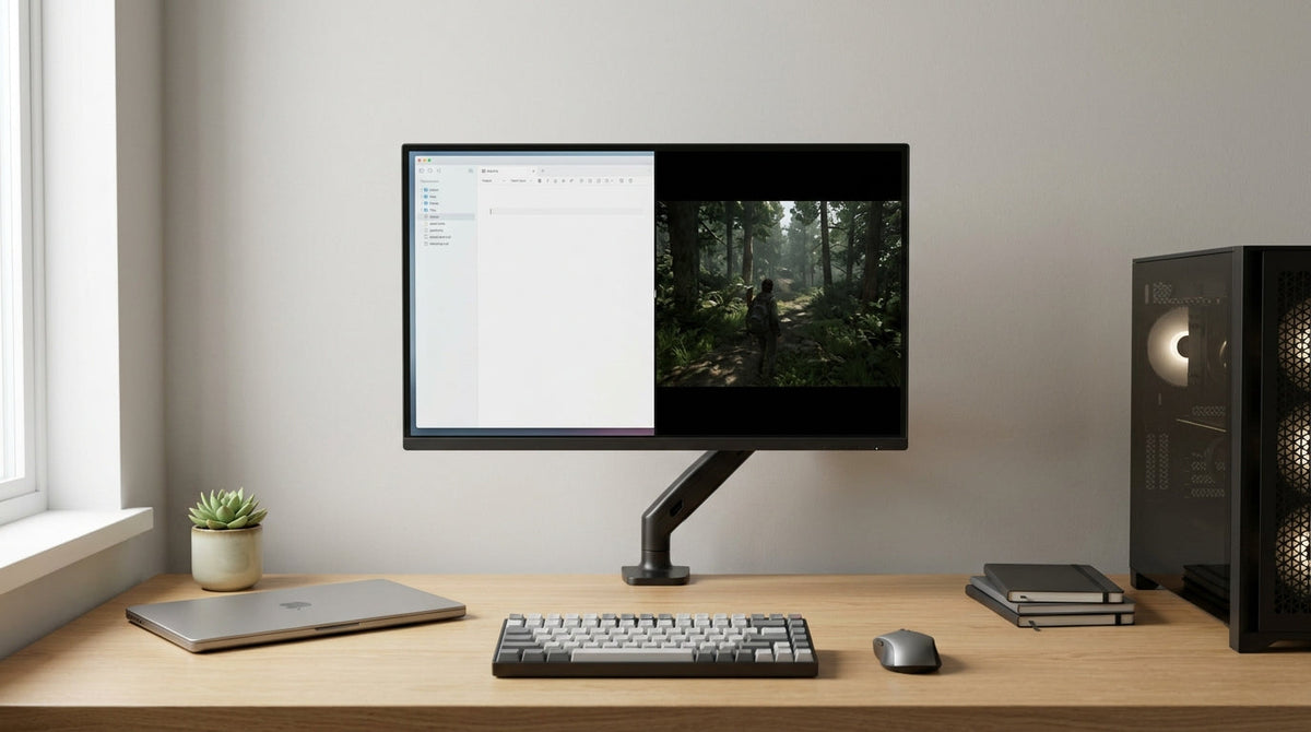 Clean desk with MacBook and gaming PC connected to a single KTC KVM monitor showing productivity and gaming modes side by side