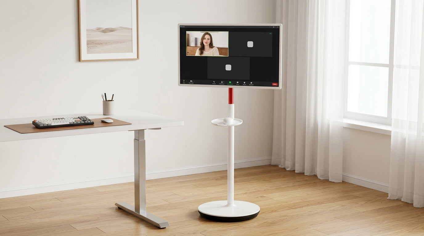 KTC smart display positioned for a Zoom call in a home office