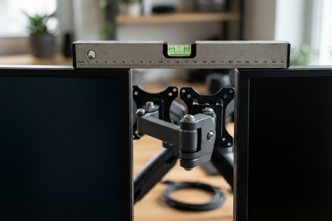 Close-up of monitor top edges aligned level with spirit level and VESA arm joints