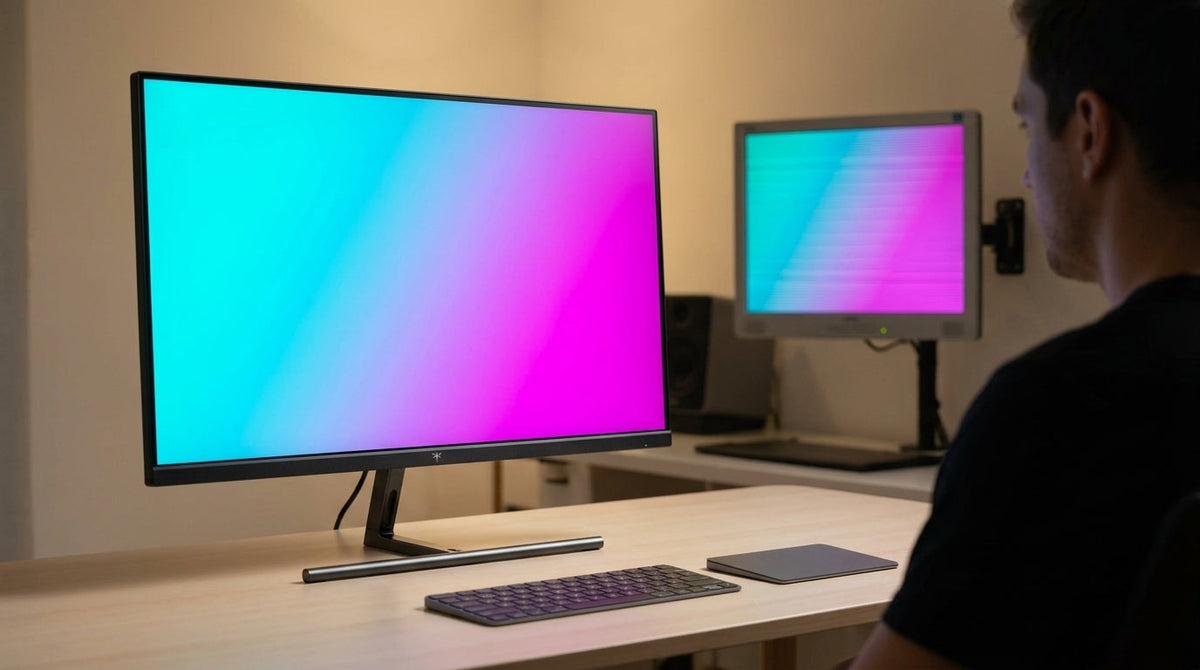 A professional creative workspace featuring a high-end monitor displaying a perfectly smooth color gradient compared to an older screen with visible color banding.