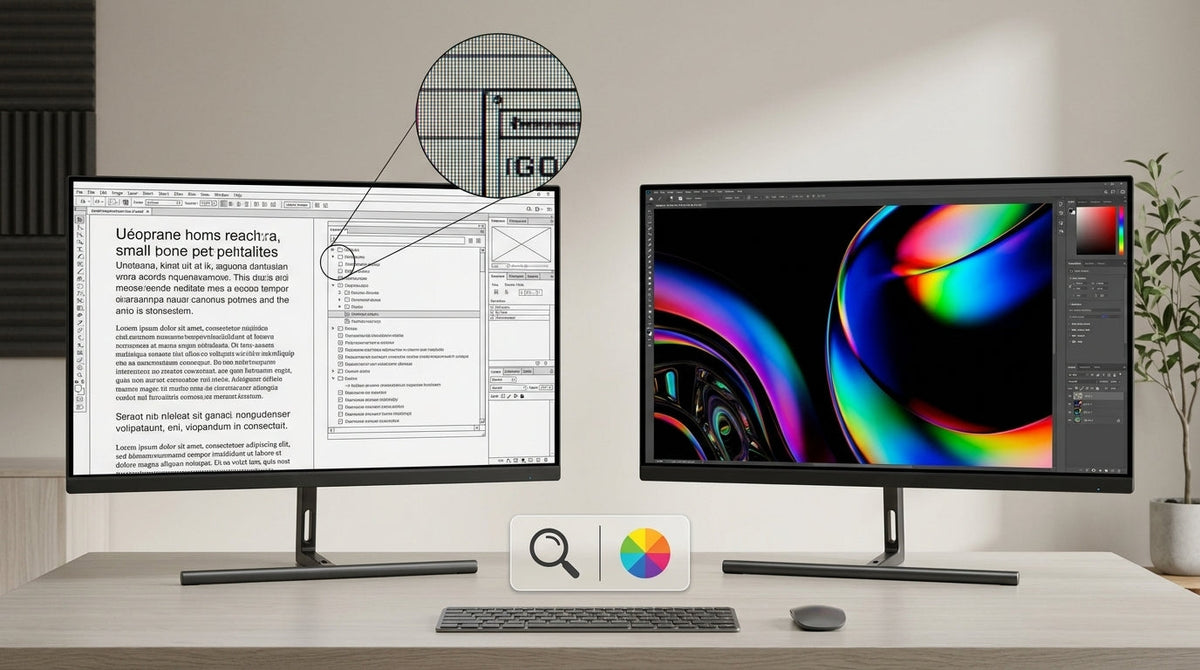 Side-by-side desktop monitor comparison showing pixel density and image quality differences