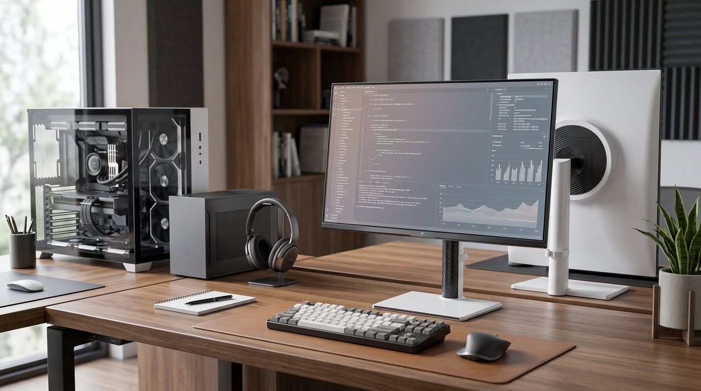 A professional dual-workstation desk setup featuring a 27-inch 4K high-refresh monitor, a KVM switch for keyboard and mouse, and two desktop PCs in a modern tech lab environment.