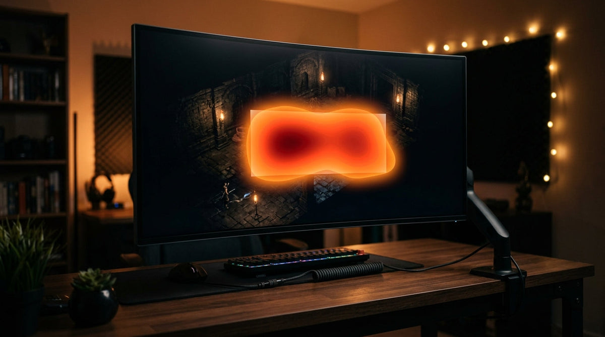 A high-end gaming monitor in a warm room with a thermal heat-map overlay showing temperature buildup and a visible reduction in screen brightness.
