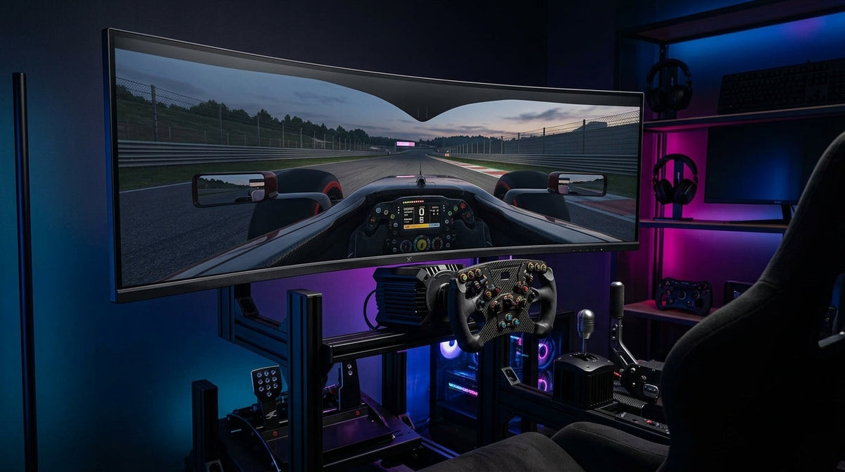 A large curved super ultrawide monitor in a dramatic sim racing cockpit with RGB lighting.