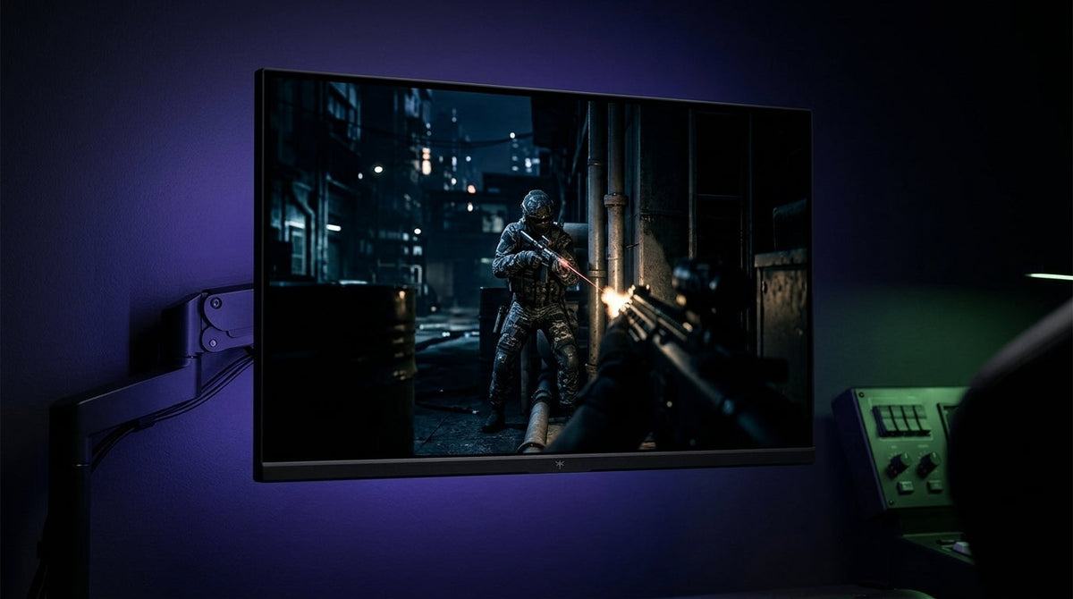 A professional gaming monitor in a dark room showing a dark FPS game scene where an enemy is visible in the shadows.