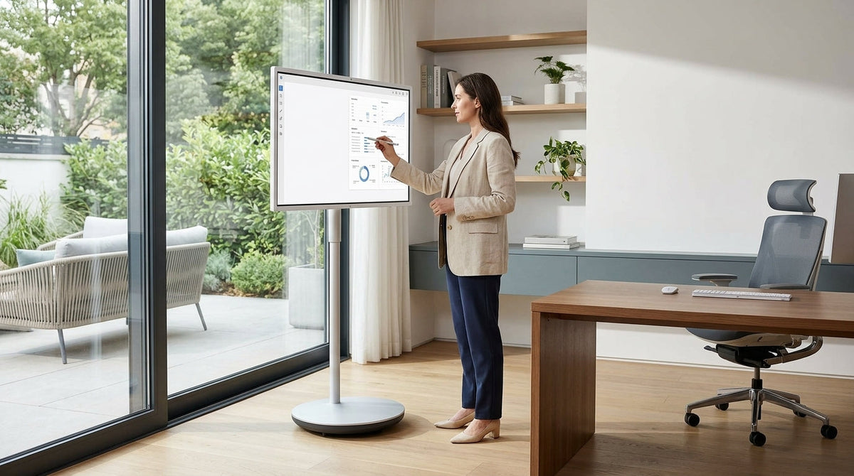 Professional working on a large mobile smart display cart in a modern home office.