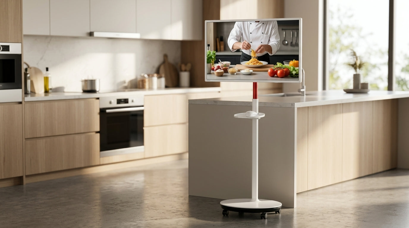 A 32-inch mobile smart display on a rolling stand positioned next to a modern kitchen island, showing a cooking tutorial in a bright, natural kitchen setting.
