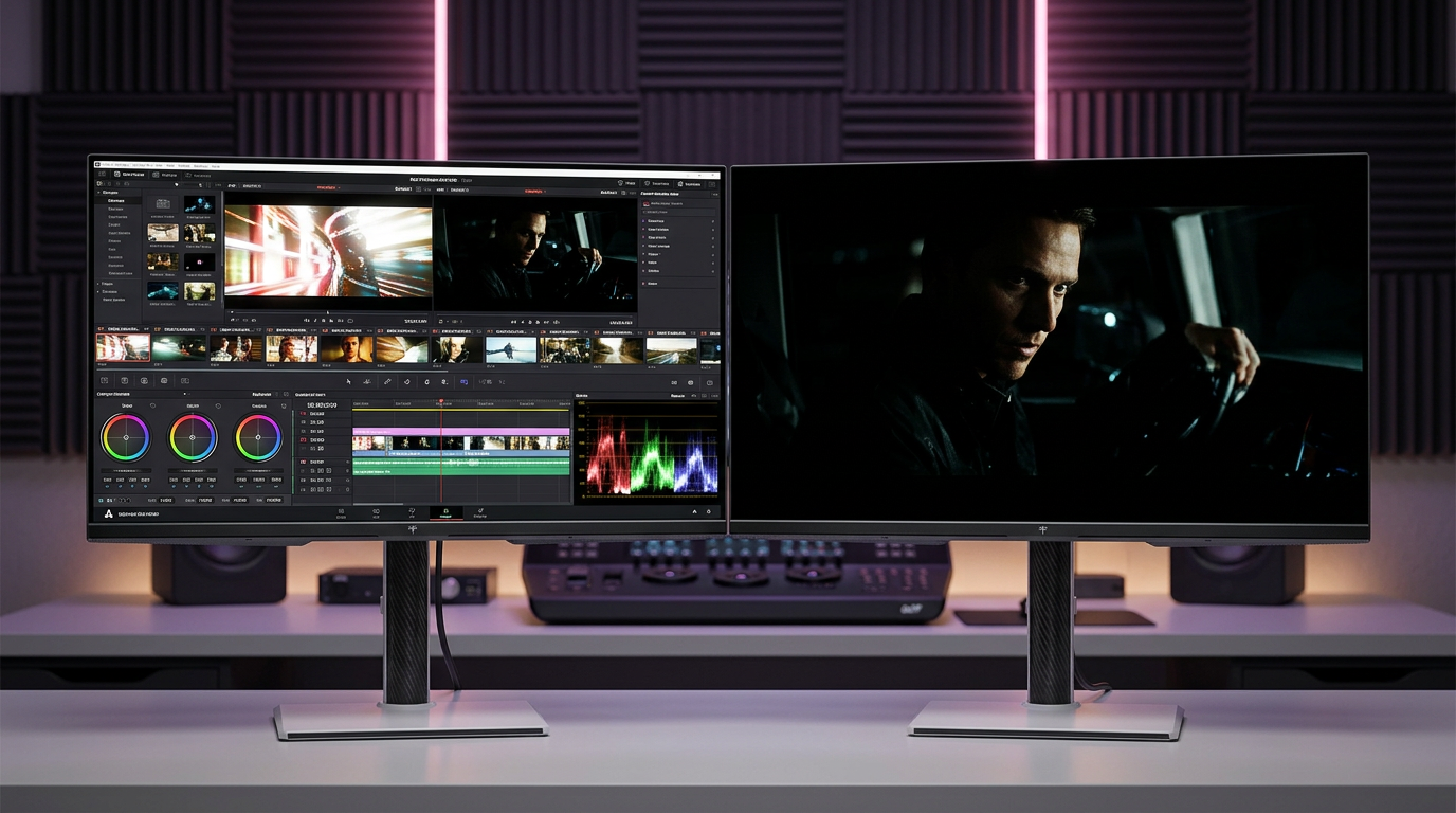 Side-by-side comparison of a high-brightness professional monitor and a high-contrast monitor for HDR color grading in a studio.
