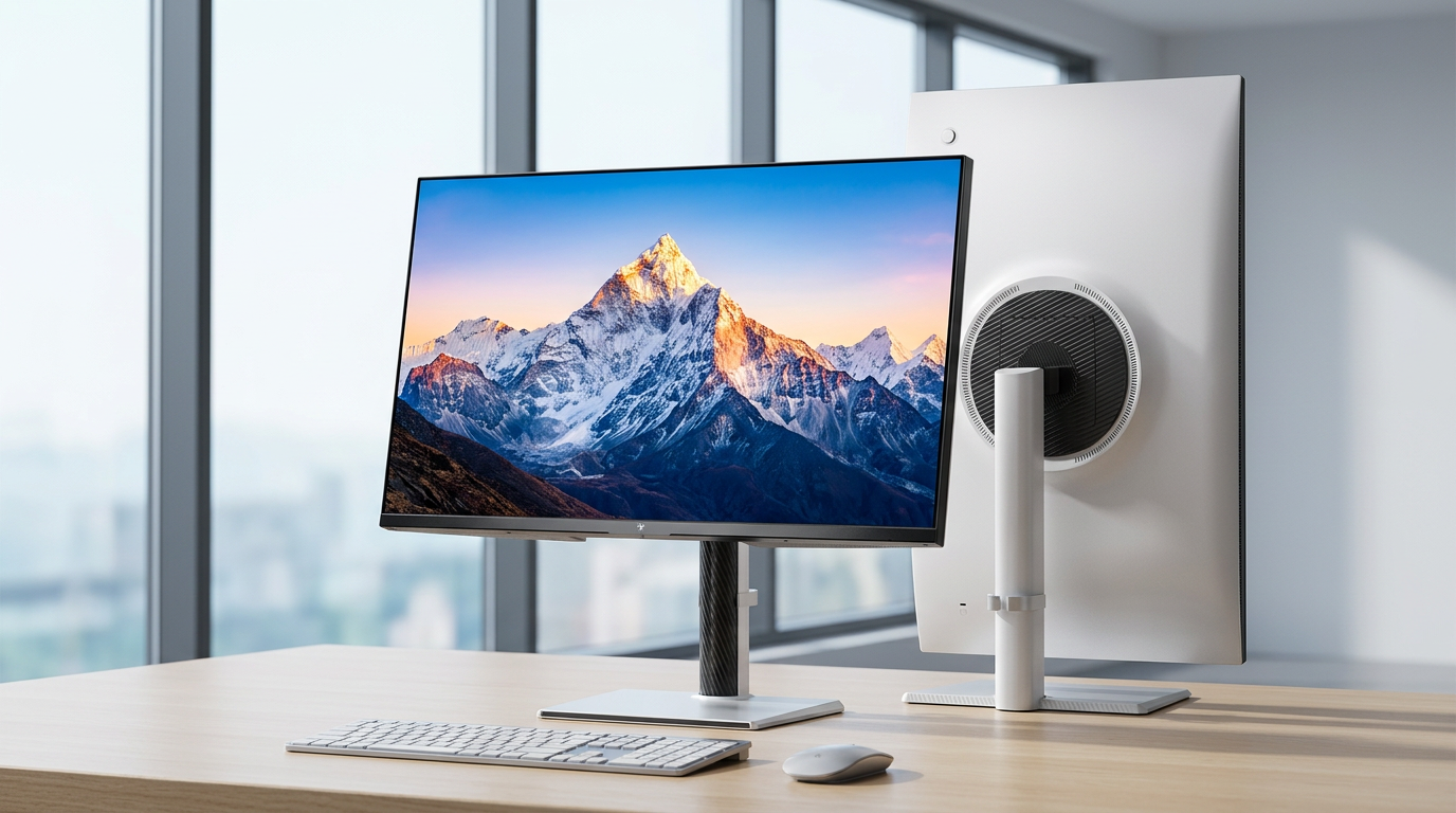 A sleek 27-inch Mini-LED gaming monitor with a minimalist stand, displaying a vibrant and high-contrast landscape on a clean desk in a bright, modern room with natural sunlight.
