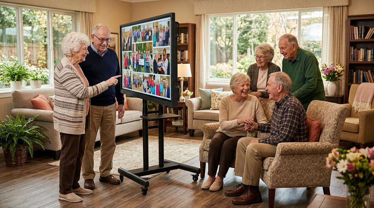 A diverse group of elderly residents in a warm, sunlit common area of a senior living community, gathered happily around a large rolling smart display for a social activity.