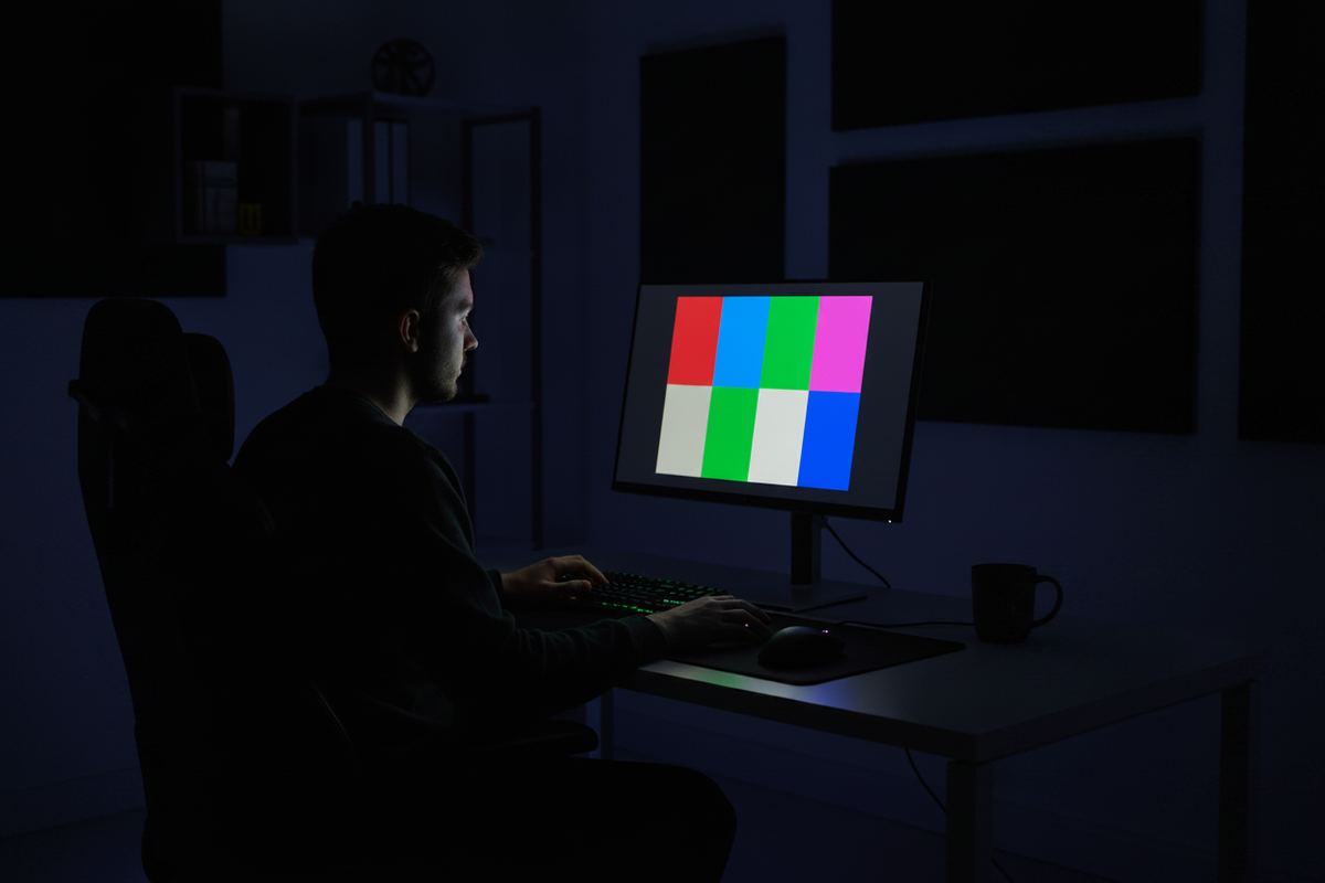 A person in a dimly lit home office testing a high-quality computer monitor displaying a vibrant color grid test pattern.