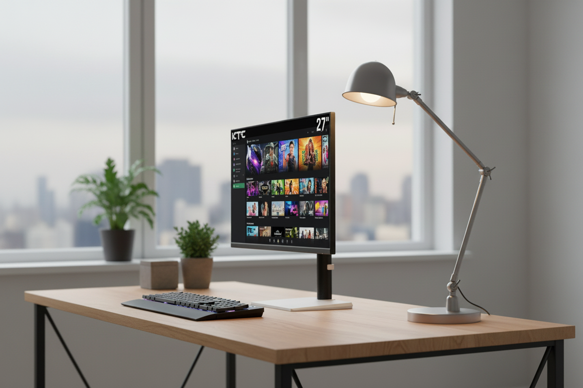 A vertical touchscreen monitor in a modern home office setup, displaying a portrait-oriented social media video feed.