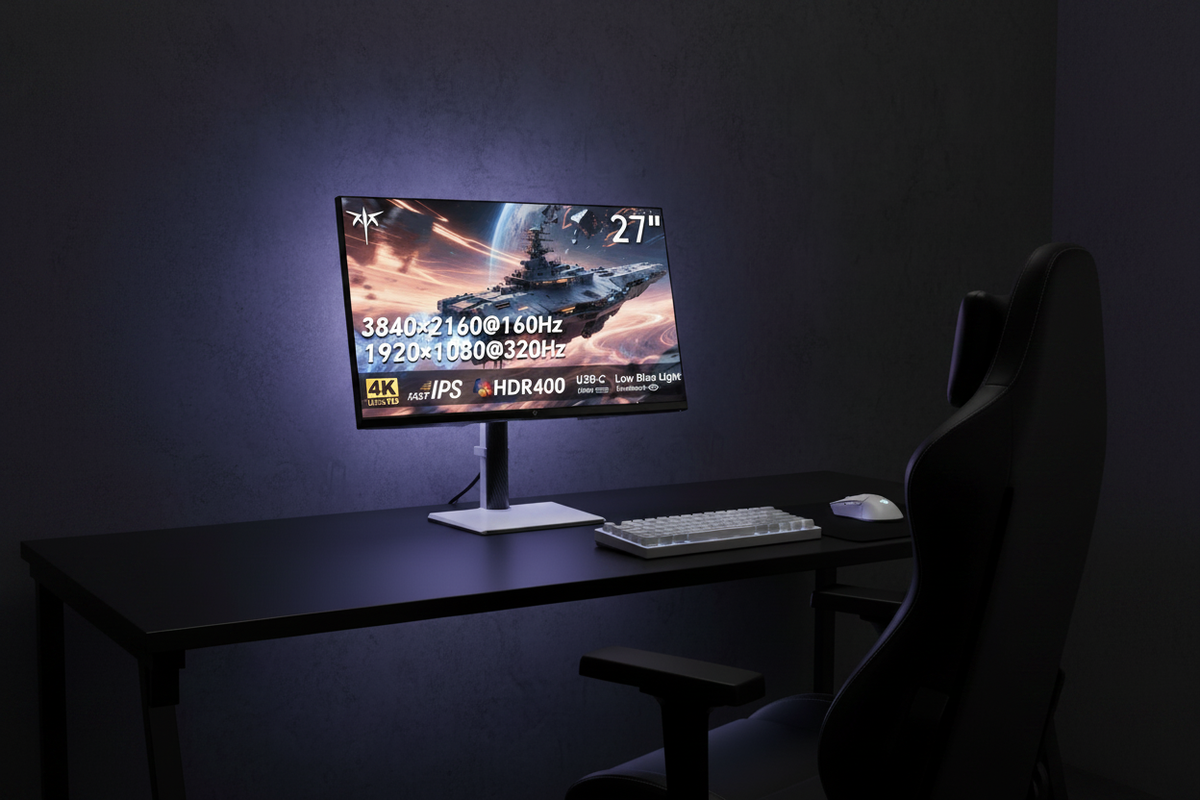 A clean stealth gaming setup featuring a KTC H27P6 27-inch 4K gaming monitor on a dark minimalist desk with completely hidden cables and subtle RGB lighting.