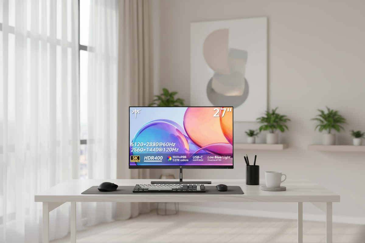 A professional designer's workspace featuring a high-resolution monitor displaying a precise color palette in a clean, modern studio with neutral lighting.