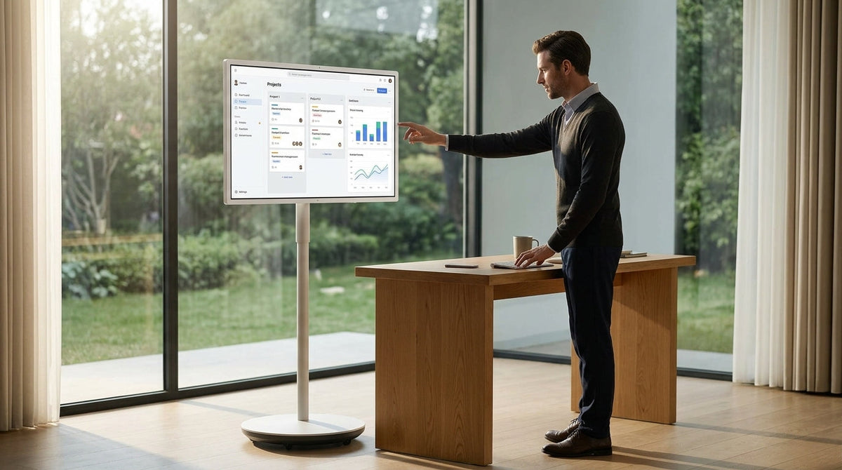 A professional remote worker using a large, portable smart touch screen display on a minimalist desk in a bright, modern home office with natural window lighting.