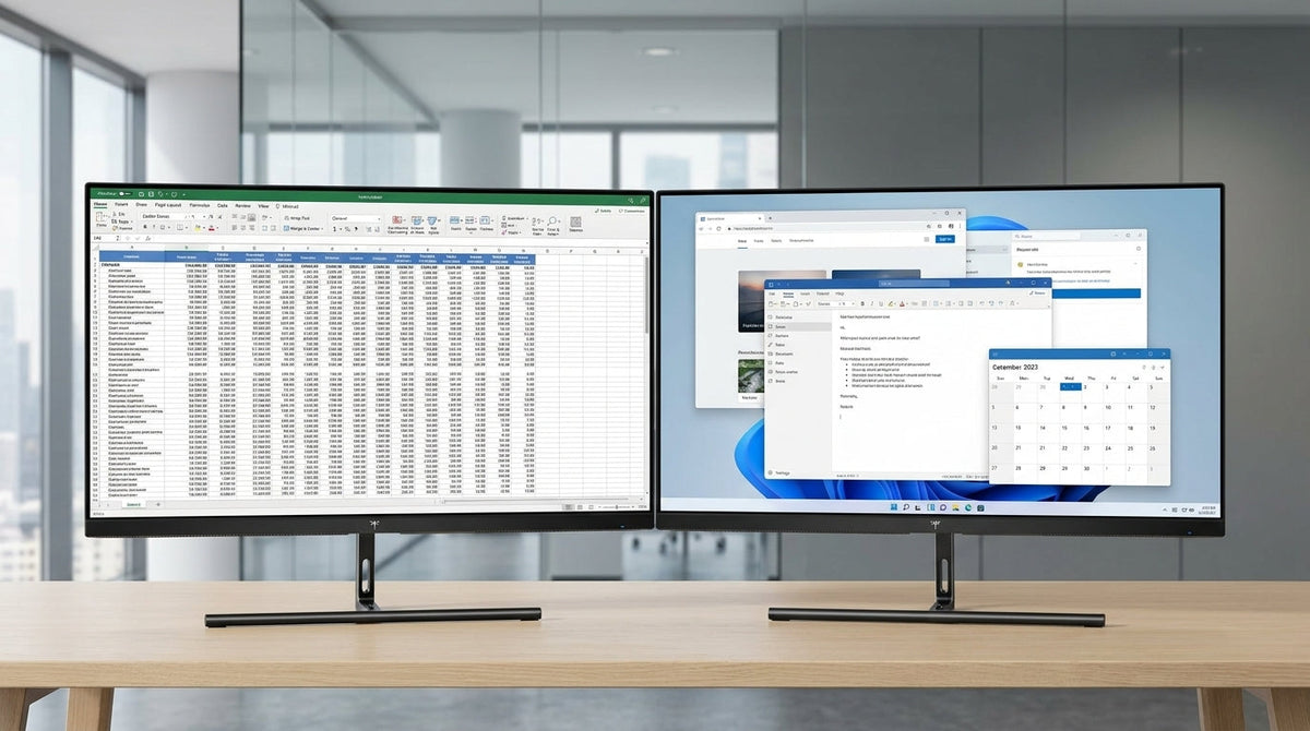 A professional split-view desk setup comparing a high-resolution monitor displaying sharp spreadsheets and a high-refresh monitor showing smooth window management.