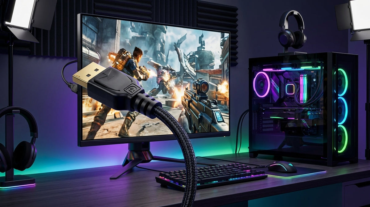 A realistic visualization of a high-end gaming setup featuring a 27-inch 4K Mini-LED monitor connected to a PC with a high-quality DisplayPort cable.