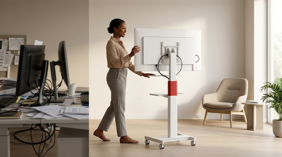 Person moving a mobile smart display to a minimalist office corner for focus.