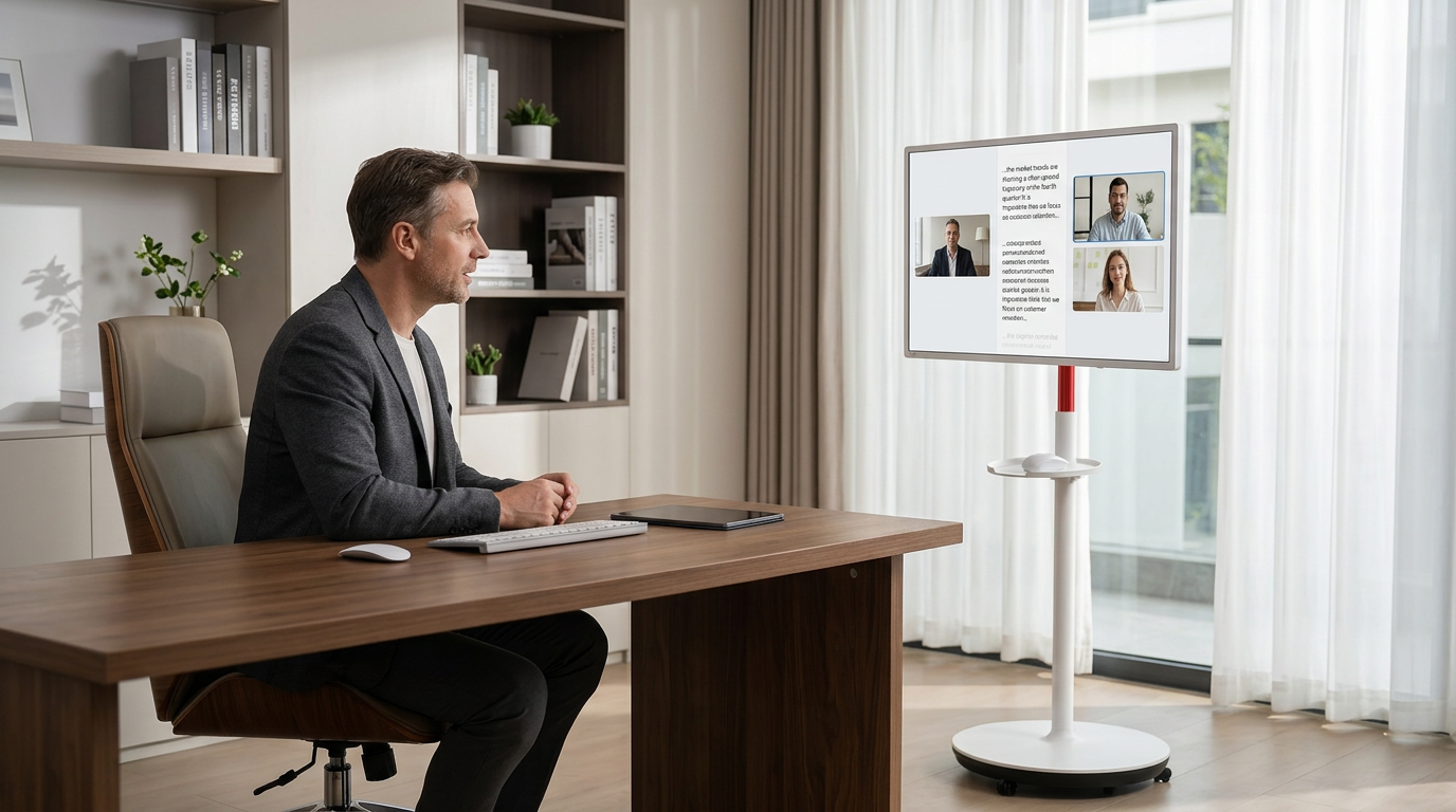 A professional presenter in a modern home office using a large screen on a rolling stand as a teleprompter during a video call, maintaining direct eye contact with the camera.