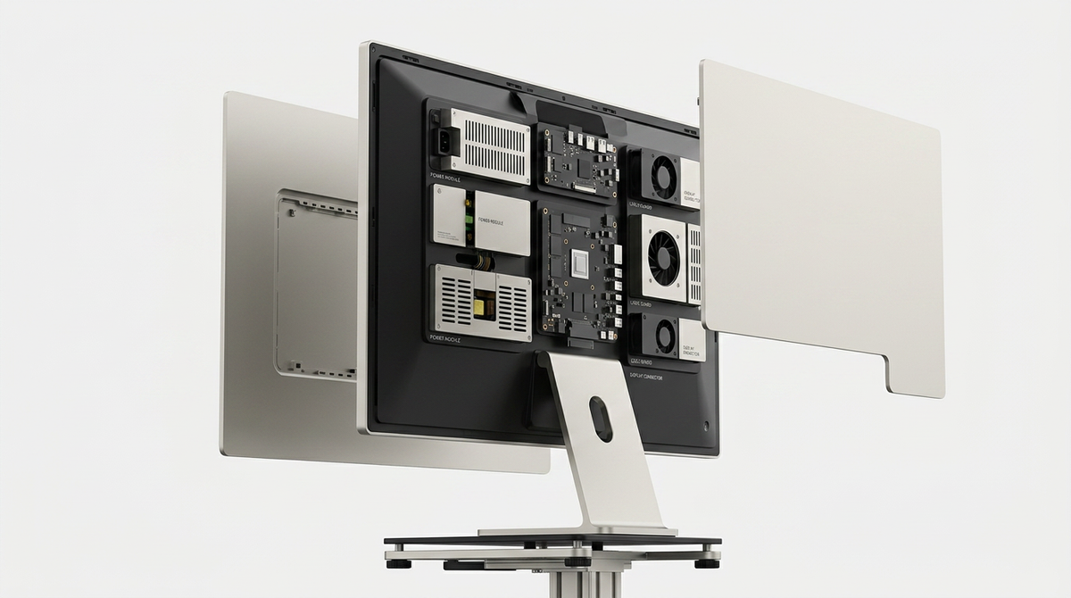 A technical illustration of a modular monitor with its back panel removed, showing clearly organized internal modules like the power board and controller board designed for easy replacement.
