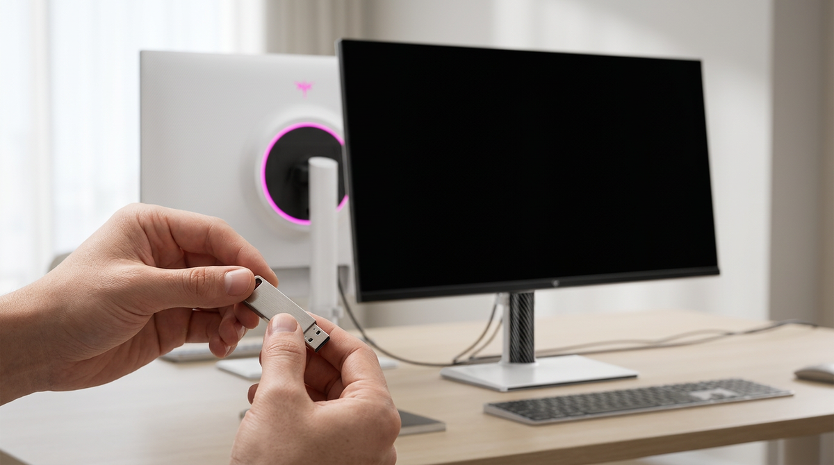 A technical user preparing a USB drive at a clean desk setup with a high-end computer monitor.
