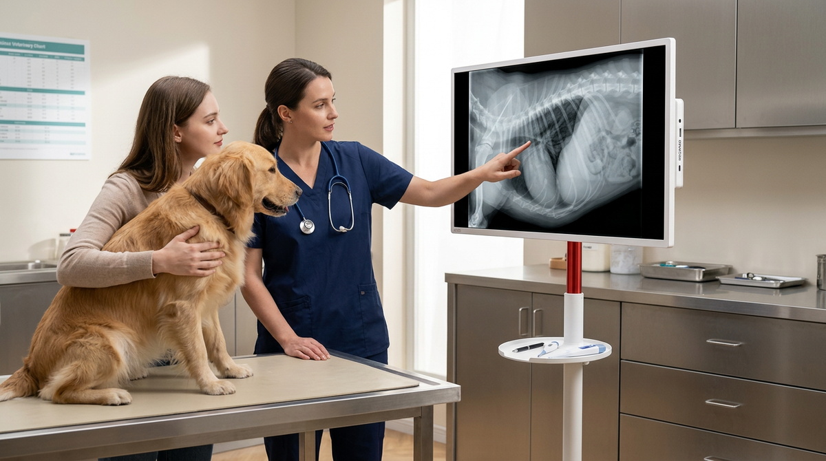 A veterinarian using a mobile touch screen monitor to explain a pet's medical scan to a pet owner in a modern veterinary exam room.