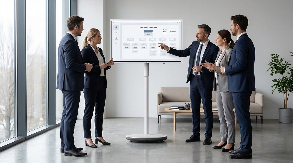 A large touchscreen display on a sleek mobile rolling stand in a bright, modern legal mediation room. Professionals in business attire are gathered around the screen, reviewing digital documents in a neutral, professional breakout environment.