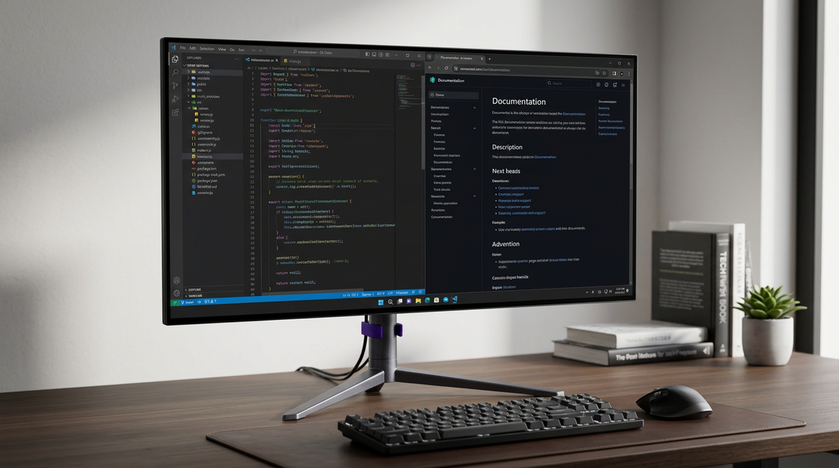 A desktop monitor showing a split coding-and-productivity workspace with static UI elements and OLED contrast themes