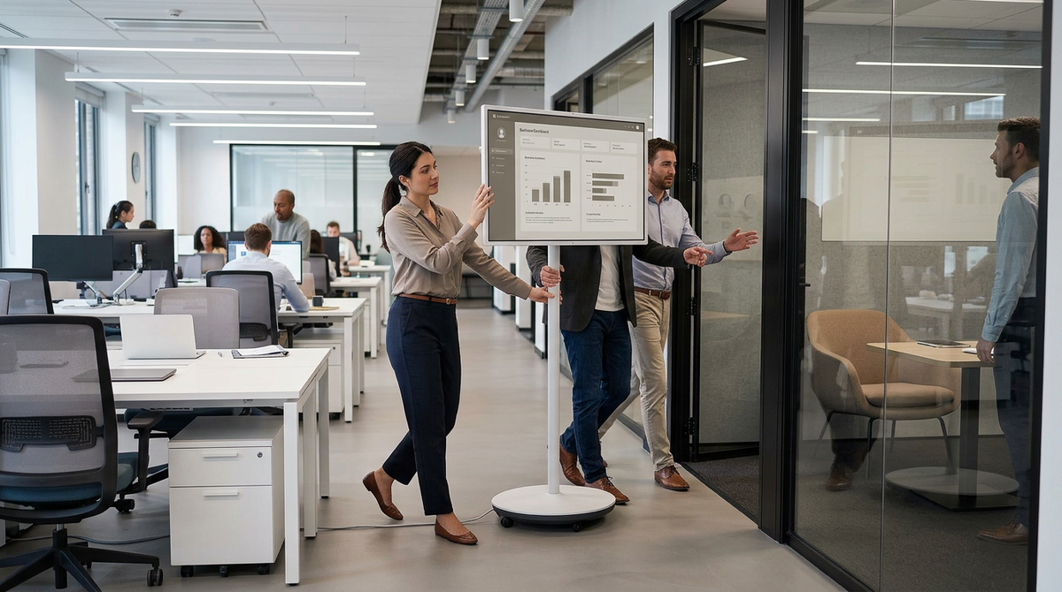 Hybrid office team rolling a mobile smart display between a desk and a huddle room