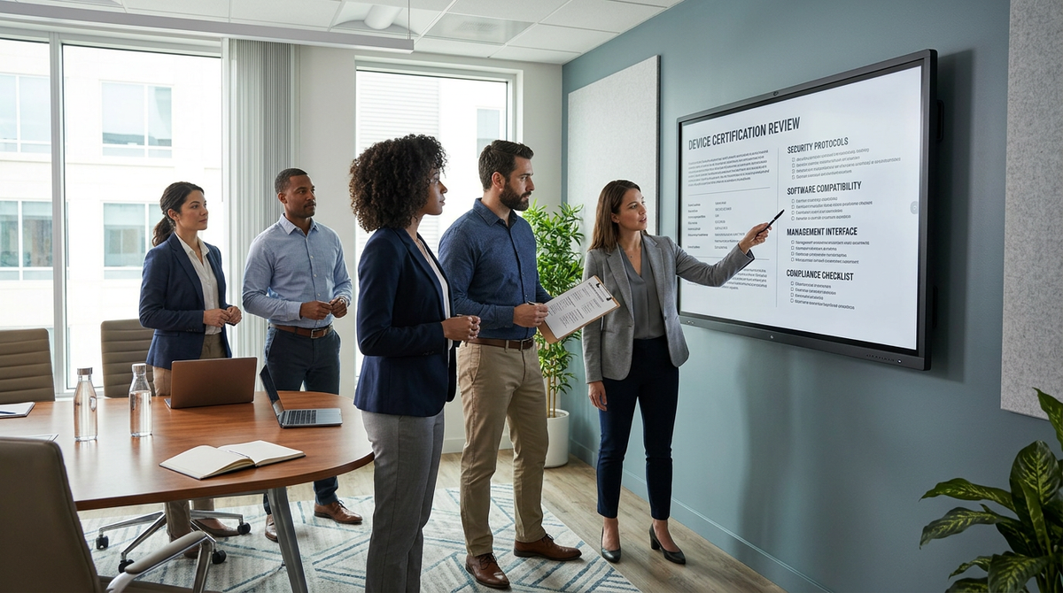 Enterprise team evaluating a shared smart display in a modern office with a certification checklist on screen