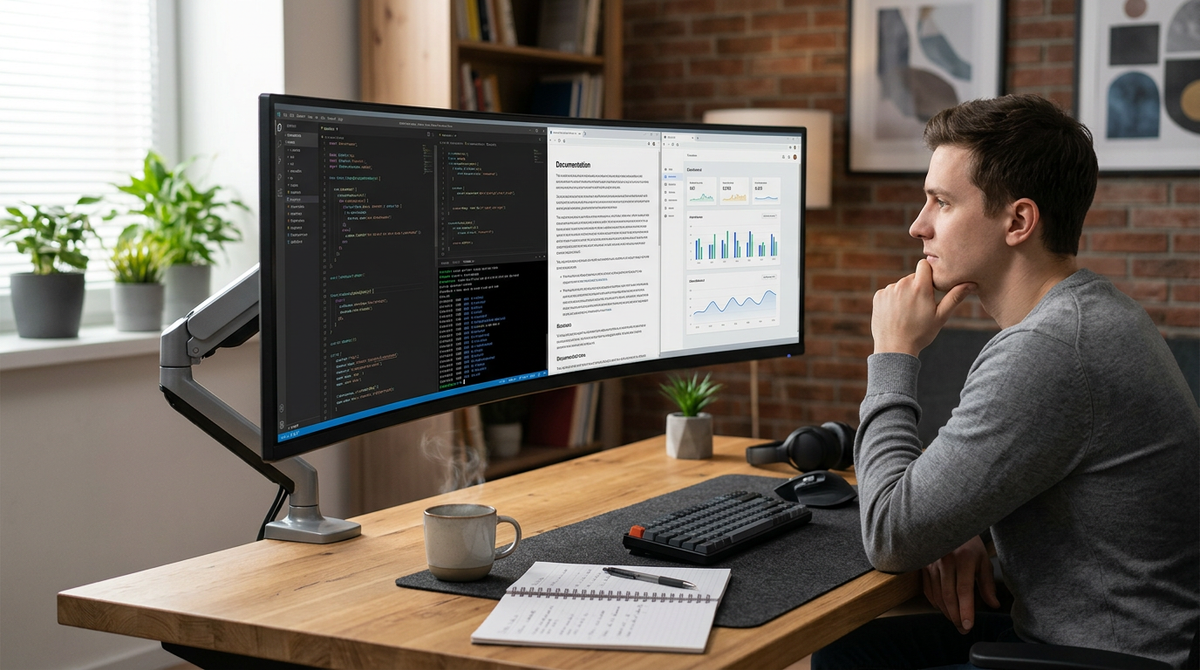 A clean workstation with an ultrawide monitor showing code, docs, and a dashboard in a skeptical buyer setup.