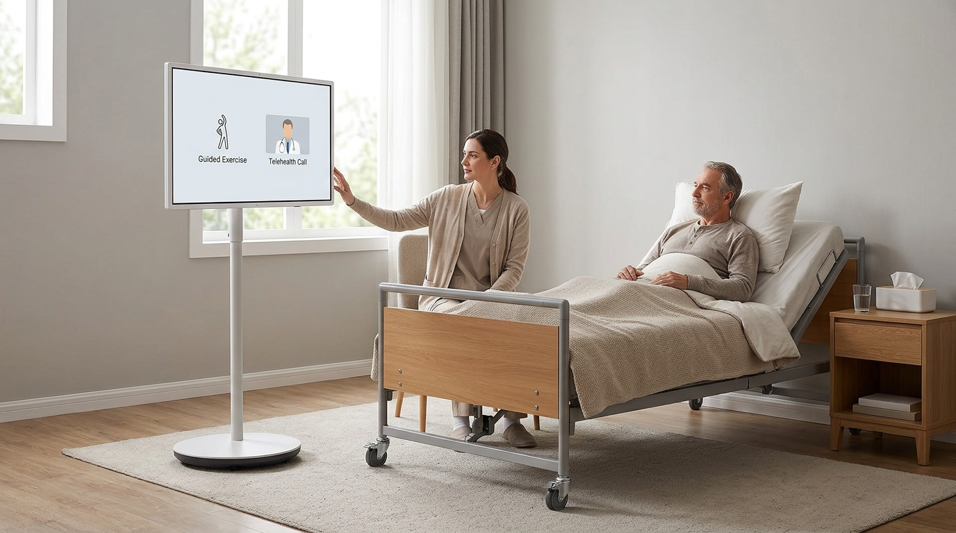 A rolling smart display beside a recovery bed with a telehealth call and exercise prompts on screen