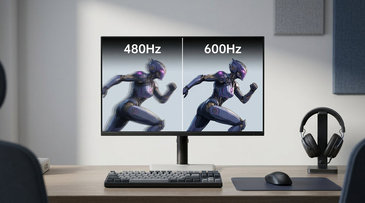 A clean esports monitor desk setup with subtle visual comparison cues suggesting 480Hz versus 600Hz performance.