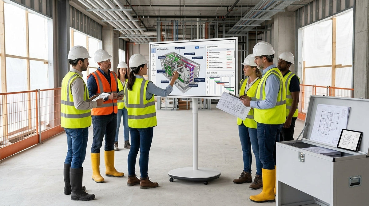 Rolling 4K BIM coordination display on a construction site floor with a model and issue dashboard visible to a small team