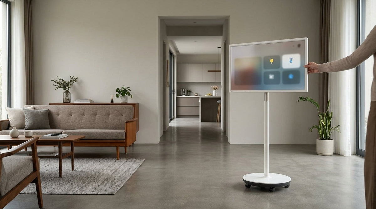 A mobile smart home control display on a rolling stand in a modern living room, showing a home dashboard used to move control between rooms.