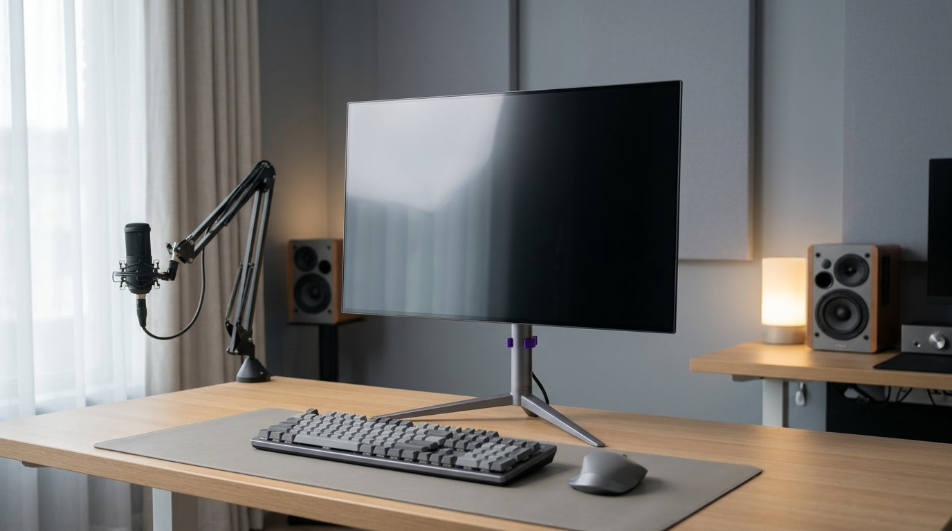 A competitive gaming desk setup with a high-refresh OLED monitor, keyboard, mouse, and subtle ambient lighting.