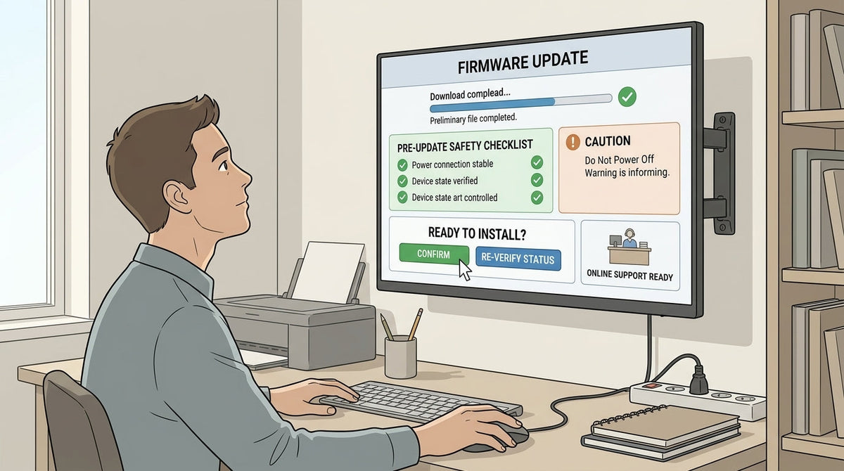 A neutral editorial illustration of a user reviewing a firmware update status screen on a monitor in a simple office or home workspace, with clear visual cues for safety checks, confirmation steps, and support readiness.