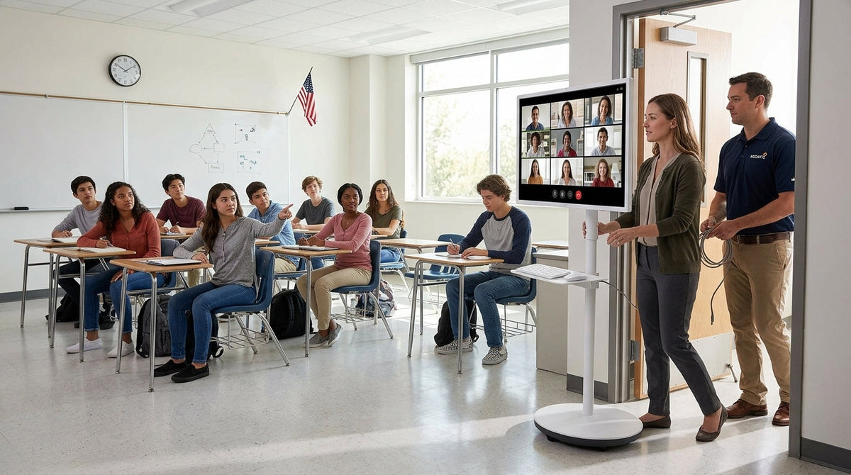 Rolling smart display being moved into a hybrid classroom with teacher and remote participants visible
