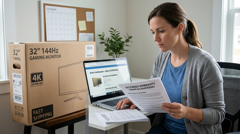 Customer reviewing monitor warranty terms and support paperwork before purchase