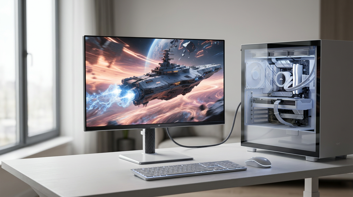 A clean desk setup showing a high-refresh gaming monitor, GPU-connected PC tower, and DisplayPort cable context for 4K gaming.